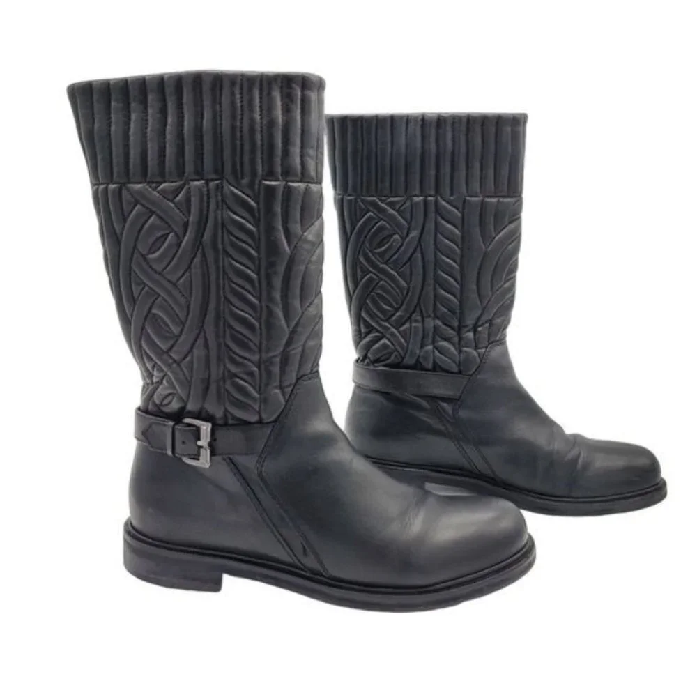 Aquatalia quilted black leather pull on buckle moto  boots Size 9